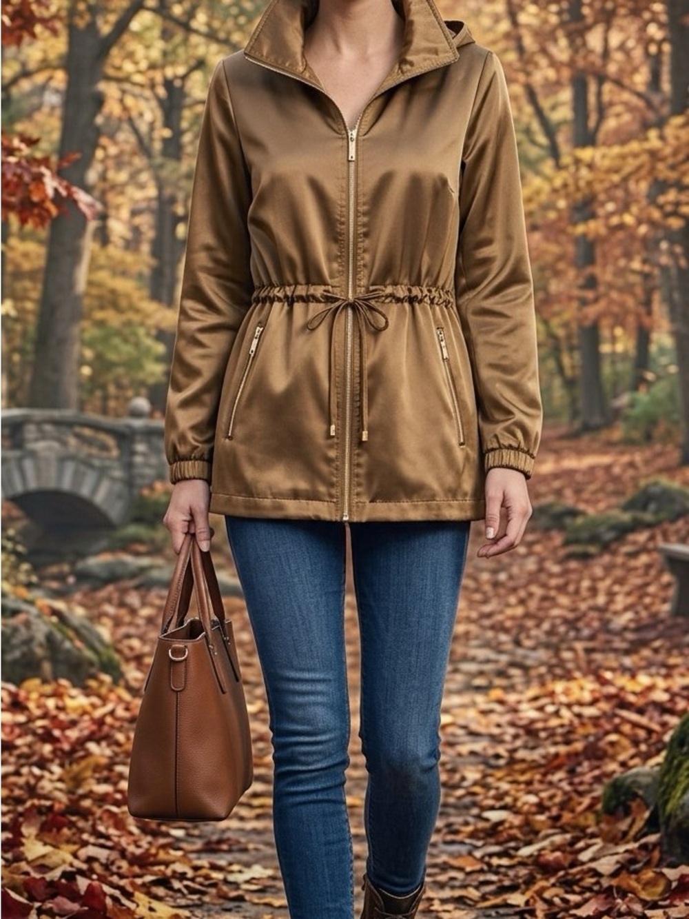 Marc New York Tan Drawstring Utility Jacket with Gold Zippers